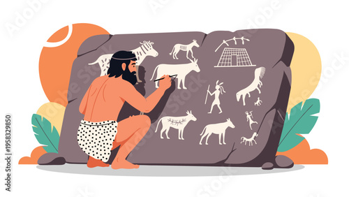 Primitive man in a leopard print cloth painting ancient animal figures on a large rock wall under a bright sun for history education.