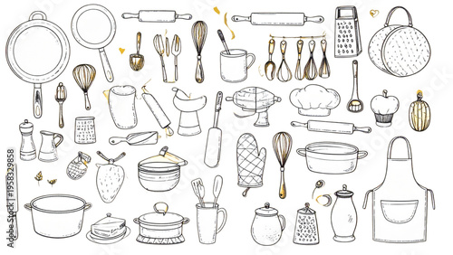 Hand drawn kitchen utensils and cooking equipment stickers set including frying pan whisk rolling pin oven mitt and apron isolated on yellow