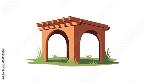 Sturdy wooden pergola structure with an arched design sitting on a patch of green grass against a white background for garden design.