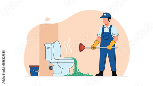 Professional plumber in blue overalls and yellow gloves holding a plunger next to an overflowing toilet for home repair services.