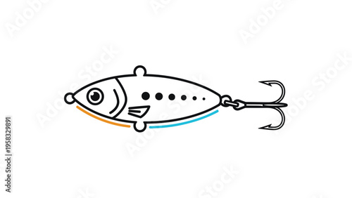 Fishing lure designed as small fish with sharp treble hook isolated on white background for outdoor sports and hobby.