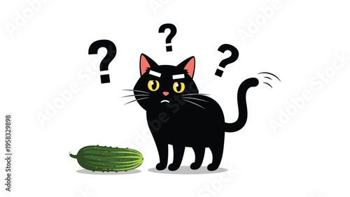 Curious black cat looking with confusion at green cucumber with question marks symbolizing funny pet behavior and fear.