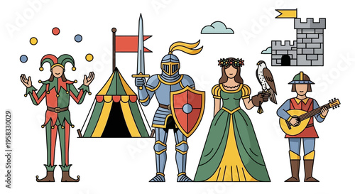 Medieval Festival Characters and Castle Illustration