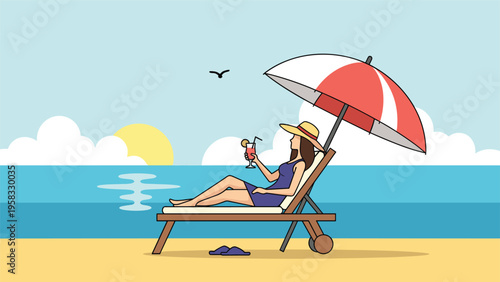 Young woman relaxing on beach lounge chair under umbrella by blue ocean holding cocktail at sunset for summer holiday.