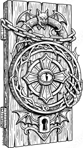 Antique Gothic Lock Intricate Carvings Gargoyle Wood Door Detailed Metalwork Sepia Tone