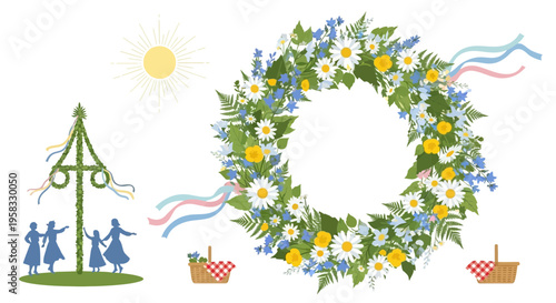 Midsummer Celebration: Maypole, Flower Wreath, Dancing People, Sun, Baskets