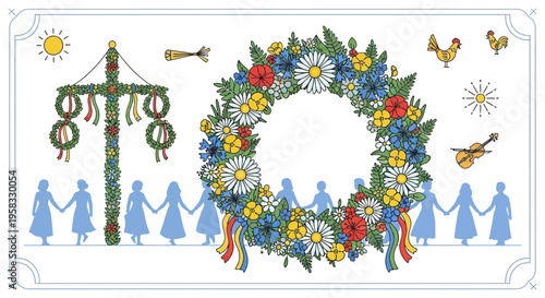 Midsummer Celebration: Maypole, Flower Wreath, Dancing People, Sun, Chickens