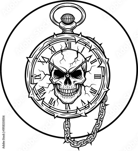 Antique Pocket Watch With Skull Face And Broken Hands Black And White