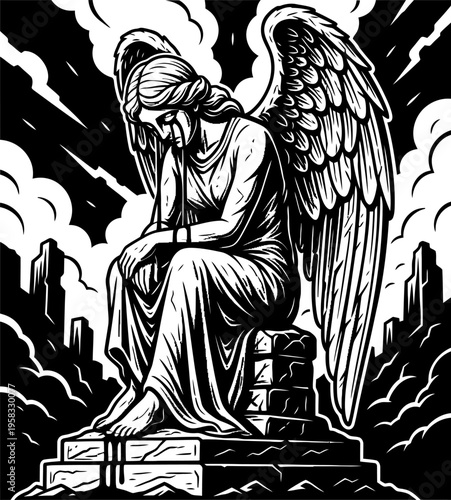 A Mourning Angel Statue Weeping Dark Tears in a Somber Landscape