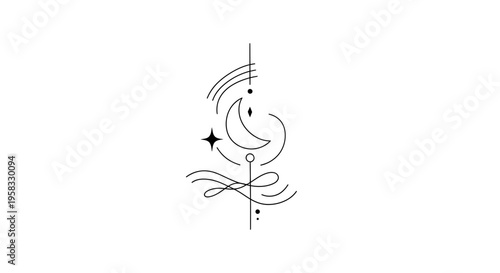 Minimalist Celestial Tattoo Design: Moon, Star, Swirls, Dots on White Background