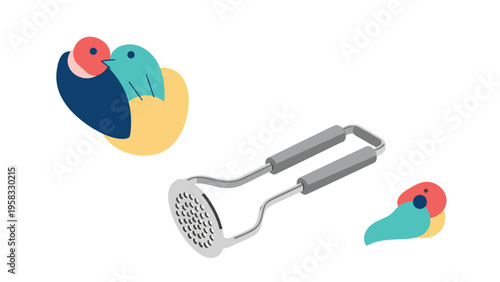 Professional silver metal potato masher kitchen tool for preparing mashed vegetables with abstract bird shapes.