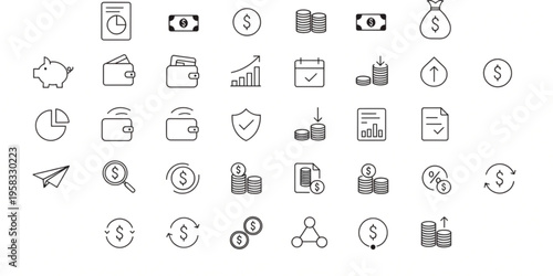 A comprehensive collection of outline vector icons representing various aspects of finance, money management, business transactions, and banking services, perfect for web and app design