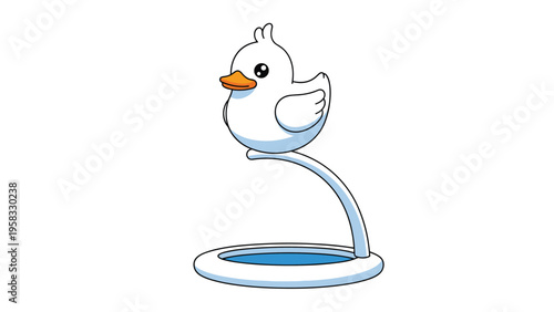 White rubber duck toy sitting on curved stand over small blue pool representing bath time fun and childhood memories.