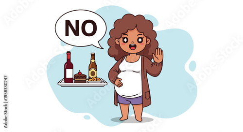 Cartoon woman with curly hair gesturing no to a tray of alcohol and snacks.