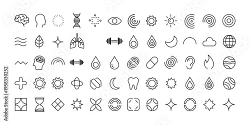 Collection of Diverse Iconography Representing Health, Science, Nature, and Abstract Concepts for Digital and Print Design