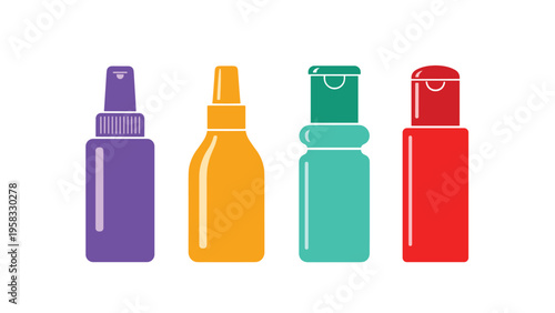 Four plastic spray bottles in purple orange turquoise and red colors for cleaning supplies or beauty products.