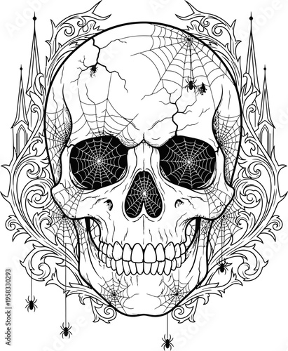Cracked Human Skull With Spider Webs And Ornate Swirls Detailed Tattoo Design Isolated On White