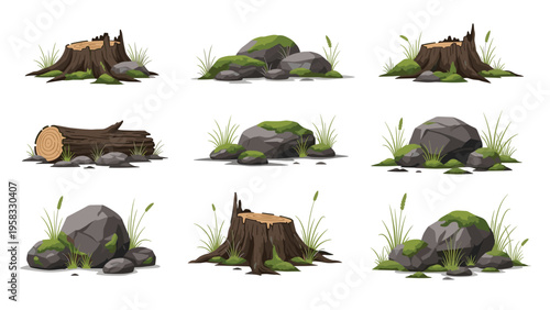 Large set of various natural forest elements including tree stumps logs mossy rocks and tall green grass for gaming.