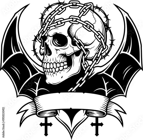 Dark Skull With Chains And Bat Wings Banner And Crosses Emblem Black White