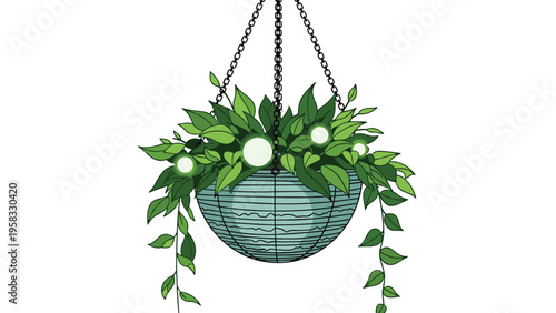 Lush green plant in hanging wire basket with glowing white light spheres for home and garden decoration at night.