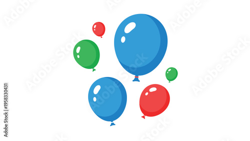 Group of colorful balloons in blue red and green floating in air for party celebration and festive holiday events.