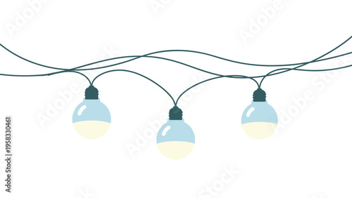 String of three classic incandescent light bulbs glowing with warm light for festive decoration and evening atmosphere.
