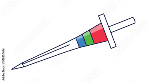 Sharp multi-colored spear or lance tool with segments in red green and blue for specialized industrial or sports use.