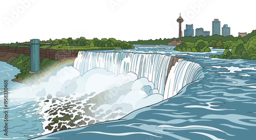 Niagara Falls Illustration with City Skyline and Tower