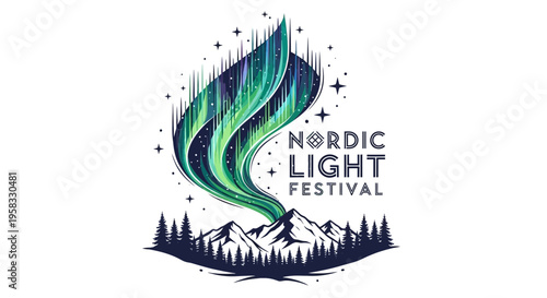 Nordic Light Festival Logo: Aurora Borealis over Mountains and Forest