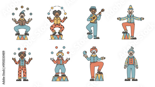 Collection of eight circus clown characters performing various acts like juggling balancing and playing musical instruments.