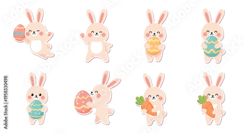 Eight cute cartoon bunnies in pastel colors hold Easter eggs and carrots on a white background, conveying a joyful Easter Sunday celebration
