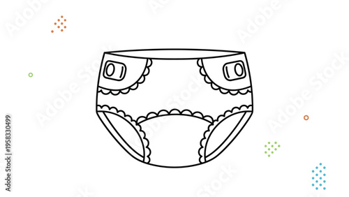 Diaper for babies with decorative scalloped edges and adjustable side tabs illustrated on white background with abstract shapes.