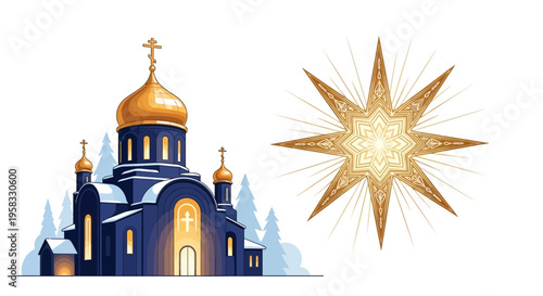 Orthodox Church with Golden Dome and Star of Bethlehem on White Background
