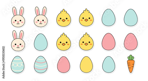A colorful Easter Sunday illustration featuring cute cartoon bunnies, chicks, eggs, and a carrot on a pastel background