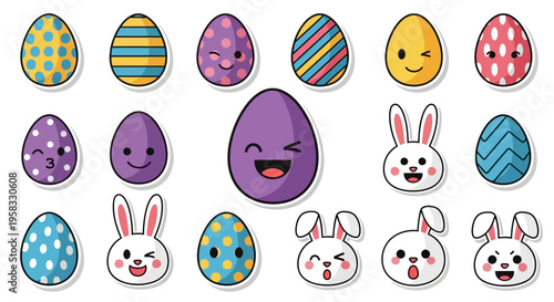 Colorful Easter eggs and cute bunny illustrations on a pastel background, featuring a joyful Easter Sunday celebration