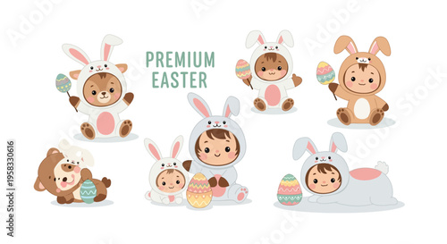 Cute cartoon Easter bunnies and animals in pastel colors celebrating Easter Sunday with eggs and flowers in a colorful illustration