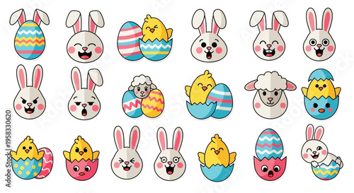 A colorful Easter celebration illustration featuring cute cartoon bunnies and chicks in decorated eggs on a pastel background