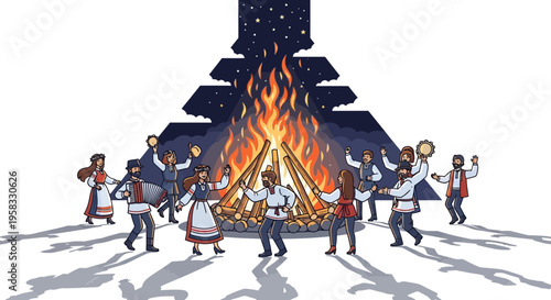 People Dancing Around Bonfire in Traditional Costumes