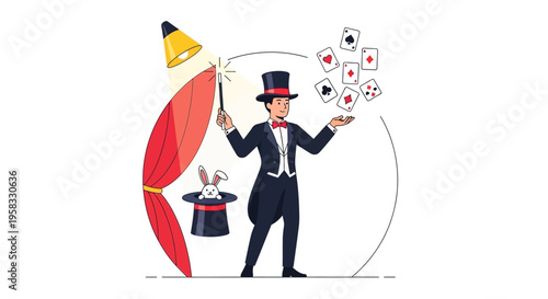 Magician Performing Tricks with Cards and Rabbit.