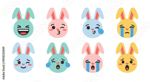 A colorful Easter Sunday mascot illustration of cute bunnies with various emotive expressions on a pastel background