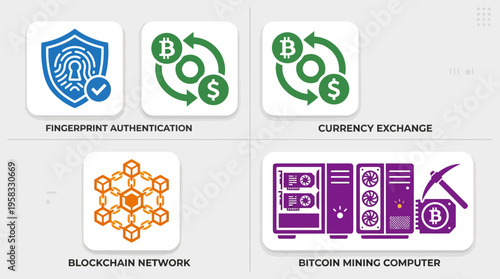Cryptocurrency blockchain vector icons set with Bitcoin, mining, digital wallet, secure transaction, trading hub, private key, market trend, decentralized network, fintech technology concept vector