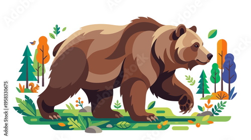 Majestic Brown Bear Walking Through Lush Forest Environment.