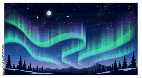 Pixel Art Aurora Borealis Over Snowy Forest Landscape