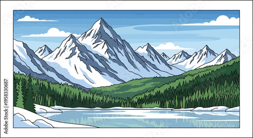 Pixel Art Mountain Landscape with Lake and Forest
