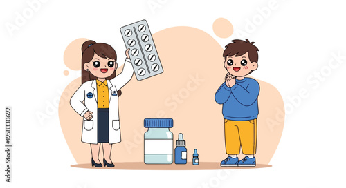 A female doctor in a white coat shows a medicine schedule to a concerned young boy with a bottle and spray nearby in a cartoon style illustration with a clean and clinical mood.
