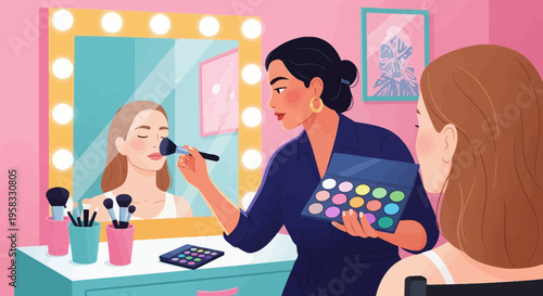 Makeup artist applying cosmetics to a client in a studio setting.