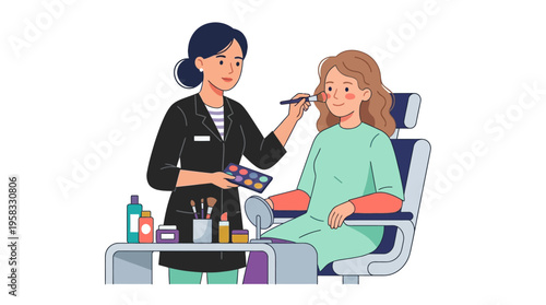 Makeup artist applying cosmetics to a client in a salon setting.