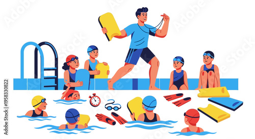 Male swimming instructor teaching children in a pool.