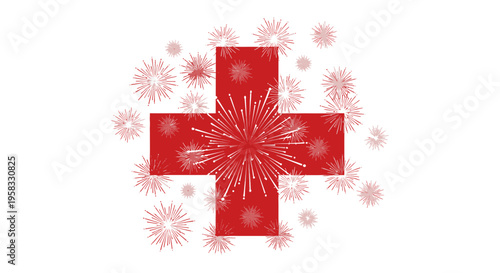 Red Cross Symbol with Festive Fireworks Explosion