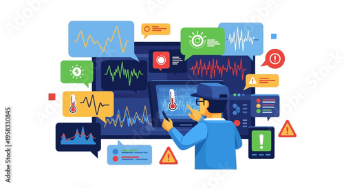 Man Analyzing Complex Data on Multiple Screens.